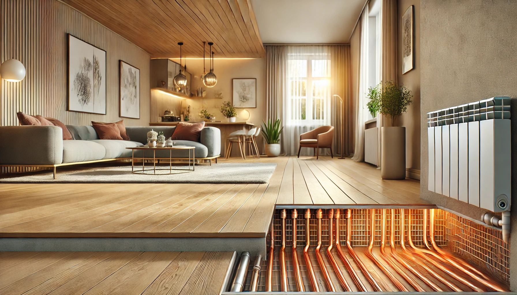 Yerden ısıtma sistemi kurulu modern salon